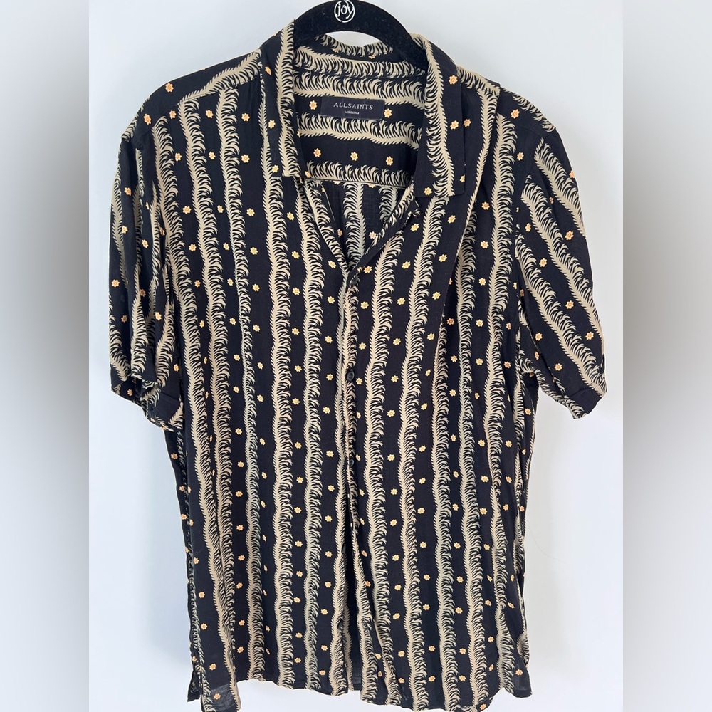 All Saints Men's Shirt with Black and Gold Pattern